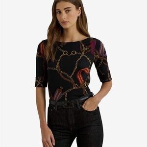 Lauren Ralph Lauren
Print Stretch Cotton Boatneck Tee,size small